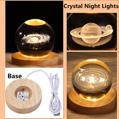 3D Galaxy Crystal Ball Lamp with Wooden Base - USB LED Night Light for Home and Desk Decoration