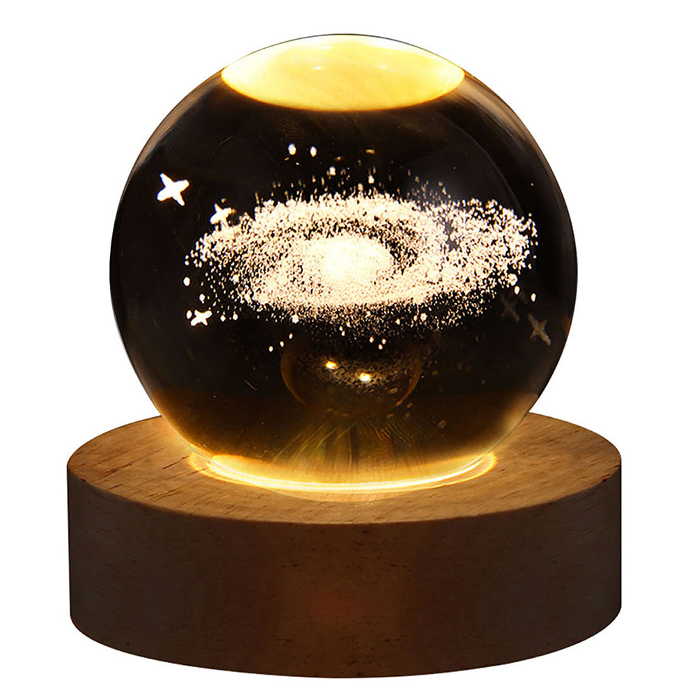 3D Galaxy Crystal Ball Lamp with Wooden Base - USB LED Night Light for Home and Desk Decoration