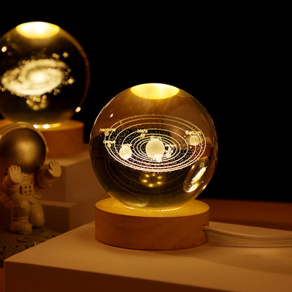 3D Galaxy Crystal Ball Lamp with Wooden Base - USB LED Night Light for Home and Desk Decoration